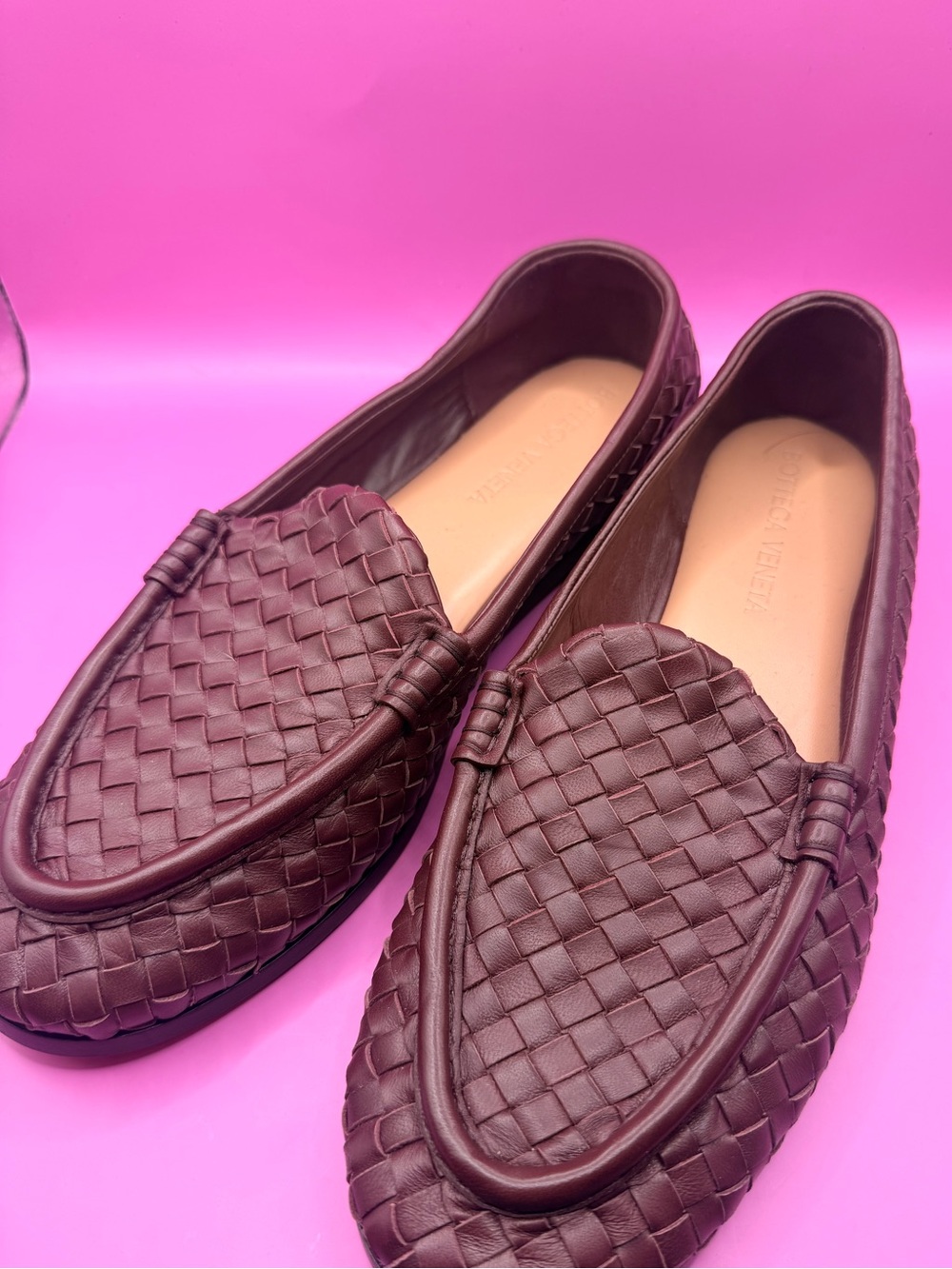 Authentic Women’s Bottega Veneta Woven Leather Loafers - burgundy